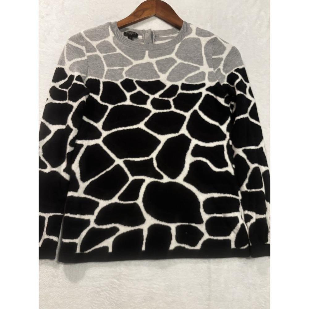 Talbots Sweater Women's Small Petite Animal Print Color Block Black Gray Warm